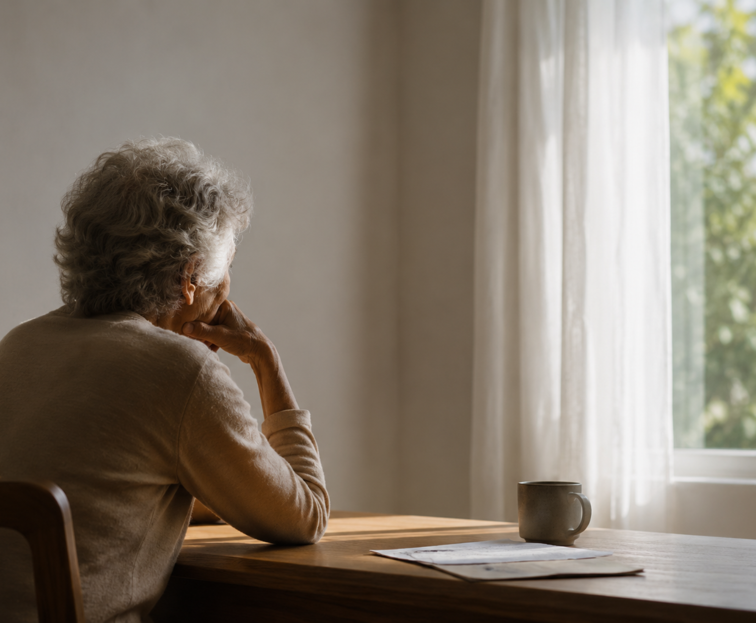 Pessoa idosa sentada à mesa observando pela janela, com documentos ao lado, representando a preocupação com a revisão ou manutenção de benefícios assistenciais.